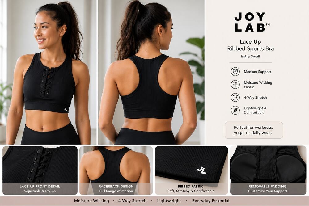 JoyLab Black Ribbed Lace-Up Sports Bra NWT XS